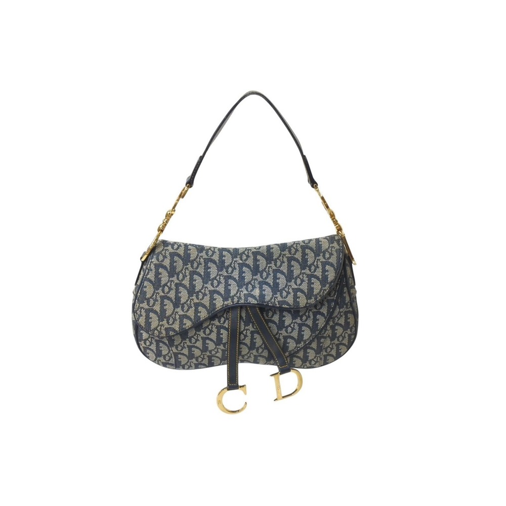 Dior Christian Double Canvas Saddle Trotter Blue Leather Bag Gold Navy - Picture 2 of 8